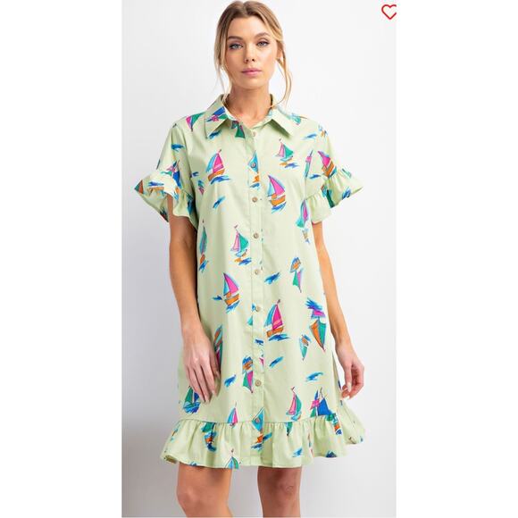easel Dresses & Skirts - Easel - Sailboat Print Ruffle Shirt Dress - Medium